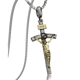 ZENLUNANO Catholic Crucifix Necklace for Men and Women, Antique Silver Gold Cross Necklace with Exquisite Medium Jesus Pendant, 20" Stainless Steel Chain, Christian Jewelry Gift