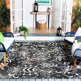 SAFAVIEH Beach House Collection 5'3" x 7'6" Black / Light Grey BHS246Z Floral Indoor/ Outdoor Non-Shedding Easy Cleaning Patio Backyard Porch Deck Mudroom Area Rug