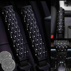 KAONYUONLO 2PCS Black Leather Bling Car Seatbelt Strap Covers for Women Girls - Crystal Rhinestone Velvet Shoulder Pad Protector - Diamond Shine Safety Shoulder Pad, Car Decor Interior Accessories