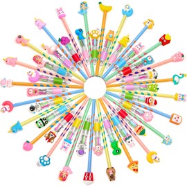TicKiddos Pack of 28 Multicoloured Pens + 28 Pencils: 4 Colours Bulletpoint Pens and Pencils with Cute Animal Tops as Creative Gifts and Souvenirs for Children's Birthday Parties