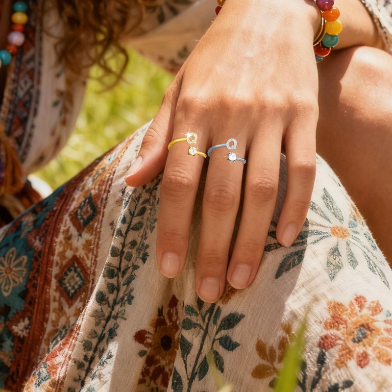 ABJFJE Adjustable Gold Silver Letter Rings for Women Dainty Crystal