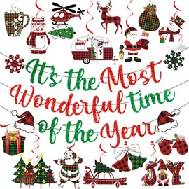 Merry Christmas Banner Christmas Hanging Swirls Decorations Buffalo Plaid Christmas Ceiling Decorations It's the Most Wonderful Time of the Year Christmas Office Decorations for Indoor Holiday Party
