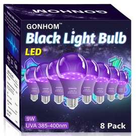 Gonhom 8 Pack A19 LED Black Light Bulbs,Dimmable 9W Blacklight Bulb(100W Equivalent), E26 Base 110V, UVA Level 385-400nm, Glow in The Dark for Black Lights Party, Body Paint, Neon Glow, Art Posters