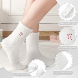 Geyoga 5 Pcs Women's Bow Fuzzy Socks Winter Crew Slipper Socks coquette stuff Soft Fluffy Thick Home Sleeping(White)