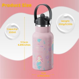 Exllena Kids Water Bottle 304 Stainless Steel BPA Free 100% Leak Proof Kids Water Bottle with Straw Lid and Handle Lid Easy to Use for Girls Boys (Mermaid)