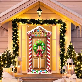 Christmas Gingerbread House Party Decorations, Gingerbread House Door Cover Banner and Welcome Christmas Porch Sign Hanging Banner for Winter Christmas Party Supplies Indoor Outdoor 71 x 35
