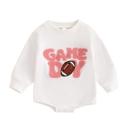 FIOMVA Baby Football Outfits Girl Boy Embroidered Football Sweatshirt Romper Long Sleeve Bubble Romper Fall Sweater Onesie (White Pink Game Day, 12-18 Months)