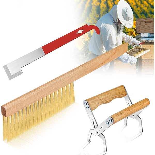 SunVara Beekeeper Frame Lifter Tool Honey Bee Brush Beekeeping Bee