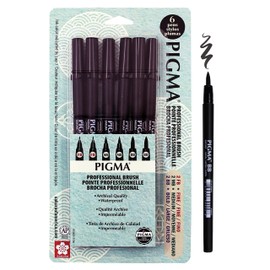 Sakura Pigma Professional Brush Pens - Brush Tip Pens - Black Ink - Fine, Medium, Bold Sizes - 6 Pack