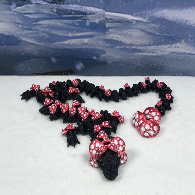 Generic Articulated Musroom Dragon, 12"" 3D Printed Black and Red
