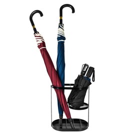 Black Metal Umbrella Stand Rack, Assembled Umbrella Storage Holder, Bucket Shelf Freestanding Entryway Base Drip Tray Long & Short Folding Umbrella For Home Office