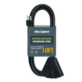 Ultra Explorer 10 Ft Outdoor Extension Cord with 3 Electrical Power Outlets - 16/3 SJTW Long-Lasting Black Cable with 3 Prong Grounded Plug