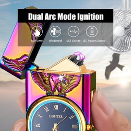 COMANYI Electric Lighter with Plasma Arc, Windproof USB Rechargeable Lighter with Cool Design, Clock Dial, Flashlight, Power Display for Outdoor Daily Use, Gift for Men Women (Eagle, Multicolor)