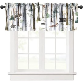 Rustic Forest Valance Curtain, Vintage Lodge Cabin Country Hunting Wild Animal Bear Moose Deer Fox Windows Curtain Valance for Kitchen Dining Room, One Panel 54x18in