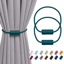 Pretty Jolly 2 Pack Magnetic Curtain Tiebacks 16 Inch Handmade Weave Side Rope Curtain Holdbacks Convenient Decorative Cylinder Curtain Drape Tie Backs for Home & Office Window Drapery (Green)
