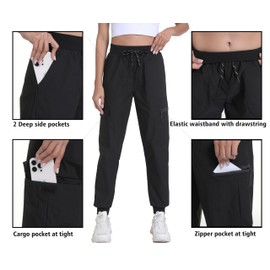 Womens Hiking Pants Water Resistant - Cargo Joggers for Women with Pockets Lightweight Quick Dry Travel Camping Pants (Tapered Black, X-Large)