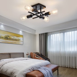 Eietonte Industrial 4-Light Semi Flush Mount Ceiling Light Fixture, Farmhouse Black Chandelier Lighting, Modern E26 Base Sputnik Ceiling Lamp for Kitchen Bedroom Living Room Hallway Entryway