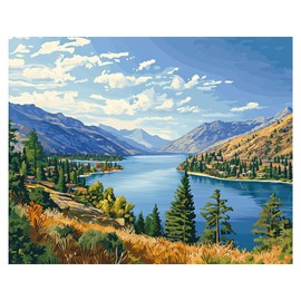 ARNLRDYA Chelan Lake Paint by Numbers on Canvas Unframe, Washington Lakes Paint by Number for Beginner, Mountains Forest Fall Scenery DIY Oil Painting Acrylic Paints Kits for Home Decor(16×20inch)