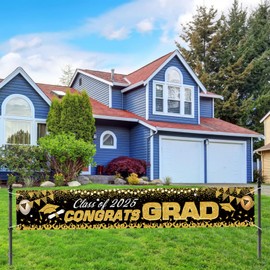 Graduation Decorations 2025, Graduation Banner Class of 2025 Black Gold Themed Backdrop Yard Sign for Party Supplies for Kindergarten Middle High School College University 300cm*50cm