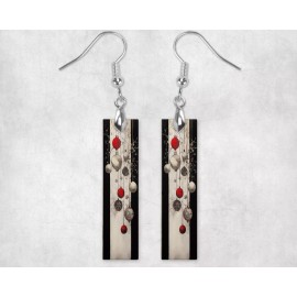Twisted R Design Red White and Black Ornaments Christmas Dangle Wood Bar Printed Earrings Jewelry
