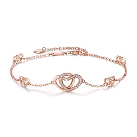 DESIMTION Double Heart Anklet with Rose Gold Plating for Women, Large Bracelet, Valentine's Day, Give to a Girlfriend, Anniversary Gift, Sterling Silver