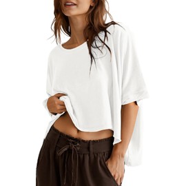 UEU Women's Summer Crop Basic Tops Oversized Short Sleeve High Low T-Shirts Crew-Neck Casual Loose Tee Shirts Milky White XXL