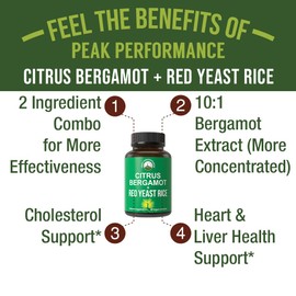 Citrus Bergamot + Red Yeast Rice. 2-in-1 Supplement. High Strength 10:1 Bergamot Extract. No Gluten, Zero Sugar, Vegan Capsules