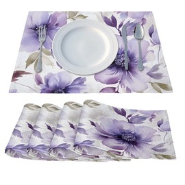 Floral Purple Placemats Set of 4 Heat Resistant Place Mats 12"x18" Washable Table Mats Set Non-Slip Linen Table Placemat Kitchen Dining Table Runners for Tabletop Decoration