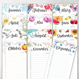 younikat Birthday Calendar with Spiral Bound, 10.5 x 29.7 cm, Year-Independent, Permanent Calendar Birthday with Zodiac Sign, Watercolour, you0001