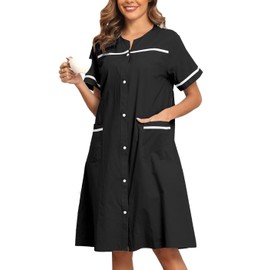 YOZLY House Dress for Women Short Sleeve House Coat Duster Lounger Robe with Pockets, Black Solid, XX-Large