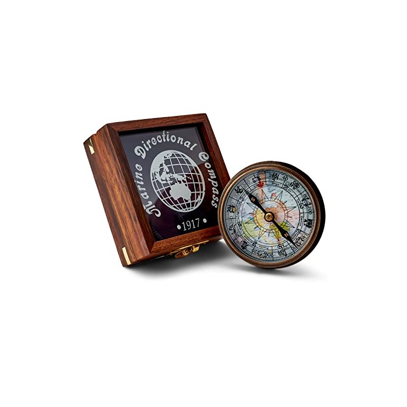 NKlaus 11679 Antique Brass Compass 7.8 cm in Wooden Box