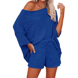 Ermonn Conjunto de 2 piezas para mujer de punto con hombros descubiertos, pantalones cortos, conjunto de pijama casual, Azul marino/flor y brillo, XXL