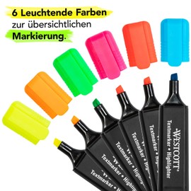 Westcott Highlighter Pens Set of 6 Mix | Set of 6 Highlighter Markers in Bright Colours | 2-5 mm Line Width | Premium Ink from Germany | E-744251 00