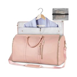 COSTYERT Foldable Garment Travel Bag, Large Pu Leather Garment Bag, Waterproof Garment Bag, Suit Bag With Shoulder Strap And Shoe Pocket, Crossbody Shoulder Bag, Pink Travel Bags for Women