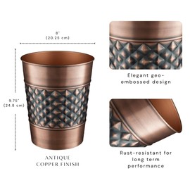 Monarch Abode Metal Bathroom Trash Can – Waste Basket for Bedroom, Office Desk, & Dorm, Handcrafted Geo Embossed, Durable Decorative Antique Copper Small Trash Can Bathroom Garbage Bin Wastebasket