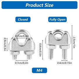 MIVIDE Pack of 30 Wire Rope Clamps 4 mm Stainless Steel 4 mm Stainless Steel Rope Clamps, M4 Wire Rope Clamps, U-Bolts, Rope Clamp Stainless Steel 304 for Steel Cable, Wire, Rope (Silver)