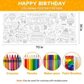 Meetcolor Giant Birthday Coloring Poster, 72 x 30 Inch Happy Birthday Banner for Kids, DIY Activity Tablecloth Art Crafts Coloring Mat, 24 Colors Marker Set Classroom Home Party Supplies Decorations