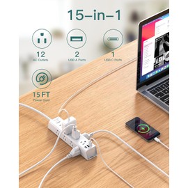 Surge Protector Power Bar - 15 FT Extension Cord, Power Strip with 12 Widely AC Outlet 3 USB, Flat Plug, Wall Mount Overload Protection, 1050J, Desk Charging Station for Dorm Home Office