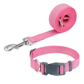 Pawhuggies Reflective Dog Collar and Leash Set, Nylon Dog Leash with Heavy-Duty Steel D-Ring, Adjustable with Quick Release Buckle for Large Dogs, Pink S