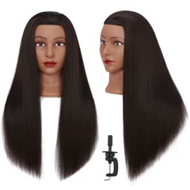 Headlima Cosmetology Mannequin Head Manikin Training Head 26-28'' Synthetic Fiber Hair Styling Practice Doll Head Hairdresser with Clamp Stand (Yaki Black)