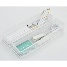Annova Mesh Stackable Drawer Cabinet and Shelf Organizer Bins Storage Basket School Office Supply Holder Tray- Set of 2 (White, 3x12x2 Inch)