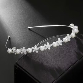 YUEKISEN Fashion Rhinestone Headband for Women Thin Silver Crystal Pearl Headband Sparkly Flower Crystal Hair Band Hoop Bridal Hair Accessories for Wedding Party Headpiece (Silver, Free size)