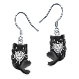 Black Cat Earrings 925 Sterling Silver Cat Drop Dangle Earrings Cute Animal Drop Earrings Jewelry Gift for Women Cats Lover