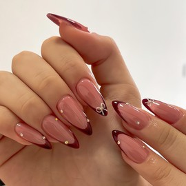 Almond Press on Nails Brown French Tip Fake Nails Glossy Glue on Nails Medium Acrylic Nails Nude False Nails with Bow Rhinestone Designs Artificial Stick on Nails for Women 24 Pcs