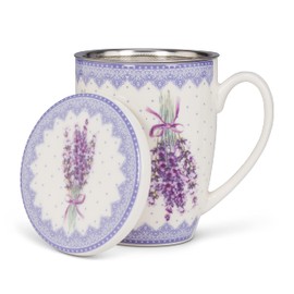 Abbott Collection 27-VALENSOLE-CVT Lavender Print Covered Mug & Strainer, White/Purple