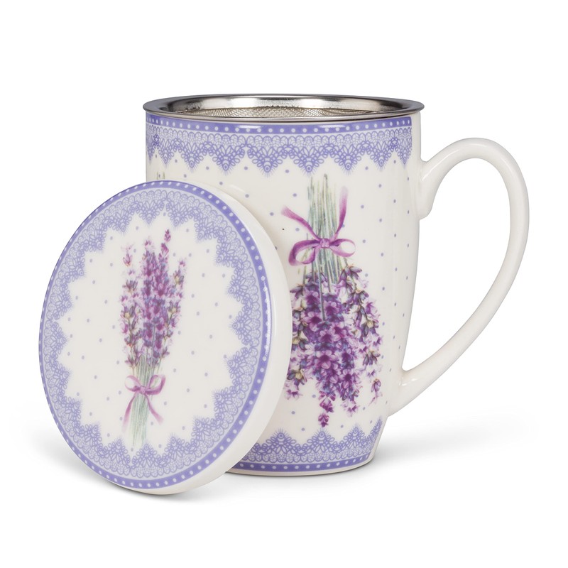 Abbott Collection 27-VALENSOLE-CVT Lavender Print Covered Mug & Strainer, White/Purple