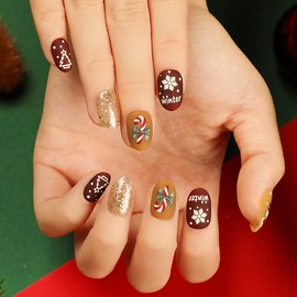 Oval Christmas Fake Nails Medium Press on Nails Almond Brown Yellow Acrylic with White Snowman Tree Line Glitter Stick on Nails Designs French Artificial Full Cover Nails for Women and Girls 24 Pcs