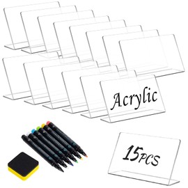 15 Pcs Acrylic Mini Chalkboard Labels for Food, 5X3 Inch Food Label Table Sign Cards, Mini Chalkboard Labels, Reusable Buffet Displays, Bright White, Includes 6 Liquid Chalk Markers