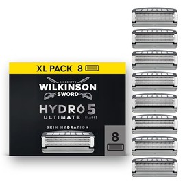 Wilkinson Sword Hydro 5 Ultimate Men’s Razor Blade Refills, XL 8 Pack | 5 Blade Face or Body Razors for Men with Sensitive Skin, Hydrating Gel with Hyaluronic Acid, Flip Trimmer Shaver Head