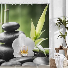 Hnmdmyi Zen Garden Shower Curtain, 180 x 200 cm, Spa Green Bamboo, Black Stone, White Flower, Bathtub Curtain, Japanese Meditation, Relaxing, Waterproof, Polyester Fabric, Washable Bath Curtain with
